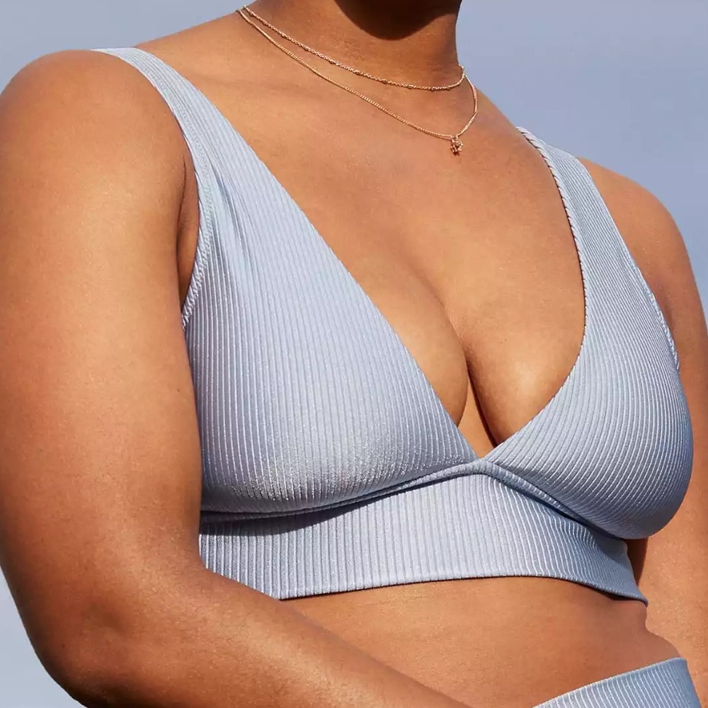 Aerie Ribbed Shine Plunge Longline Triangle Bikini Top in Monaco Blue